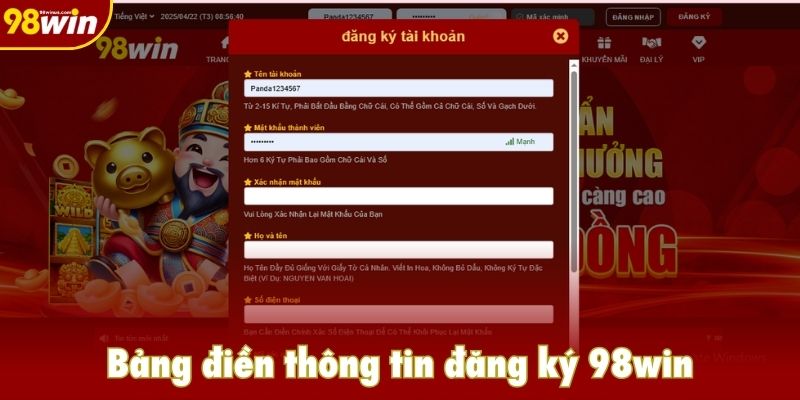 Bảng điền thông tin đăng ký 98win