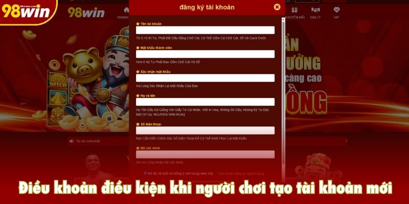 Điều khoản điều kiện khi người chơi tạo tài khoản mới
